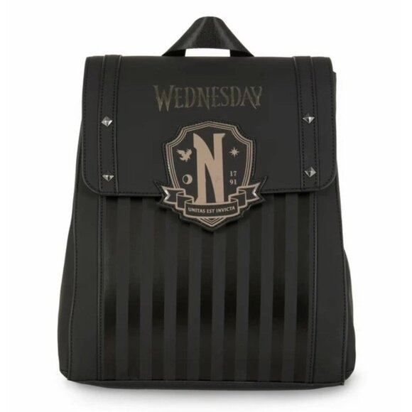 NWT Primark Wednesday Addams Black Striped Backpack Crest Logo & Faux Leather - Picture 1 of 6